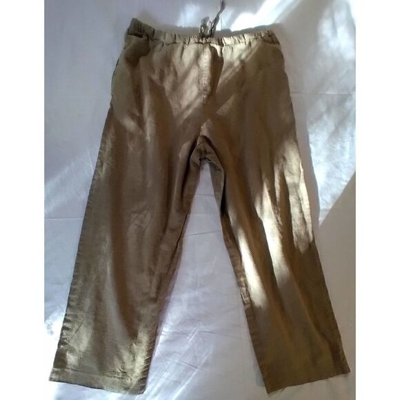 COLDWATER CREEK 100% LINEN LAGENLOOK WOMENS PANTS TAN ELASTIC WAIST SIZE MEDIUM - Picture 2 of 6